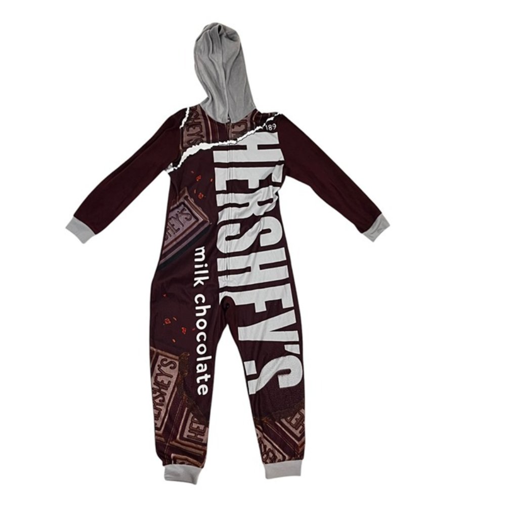 Hersheys Chocolate Pajamas Kids 8 One Piece Zip Up Hooded Pajamas Soft